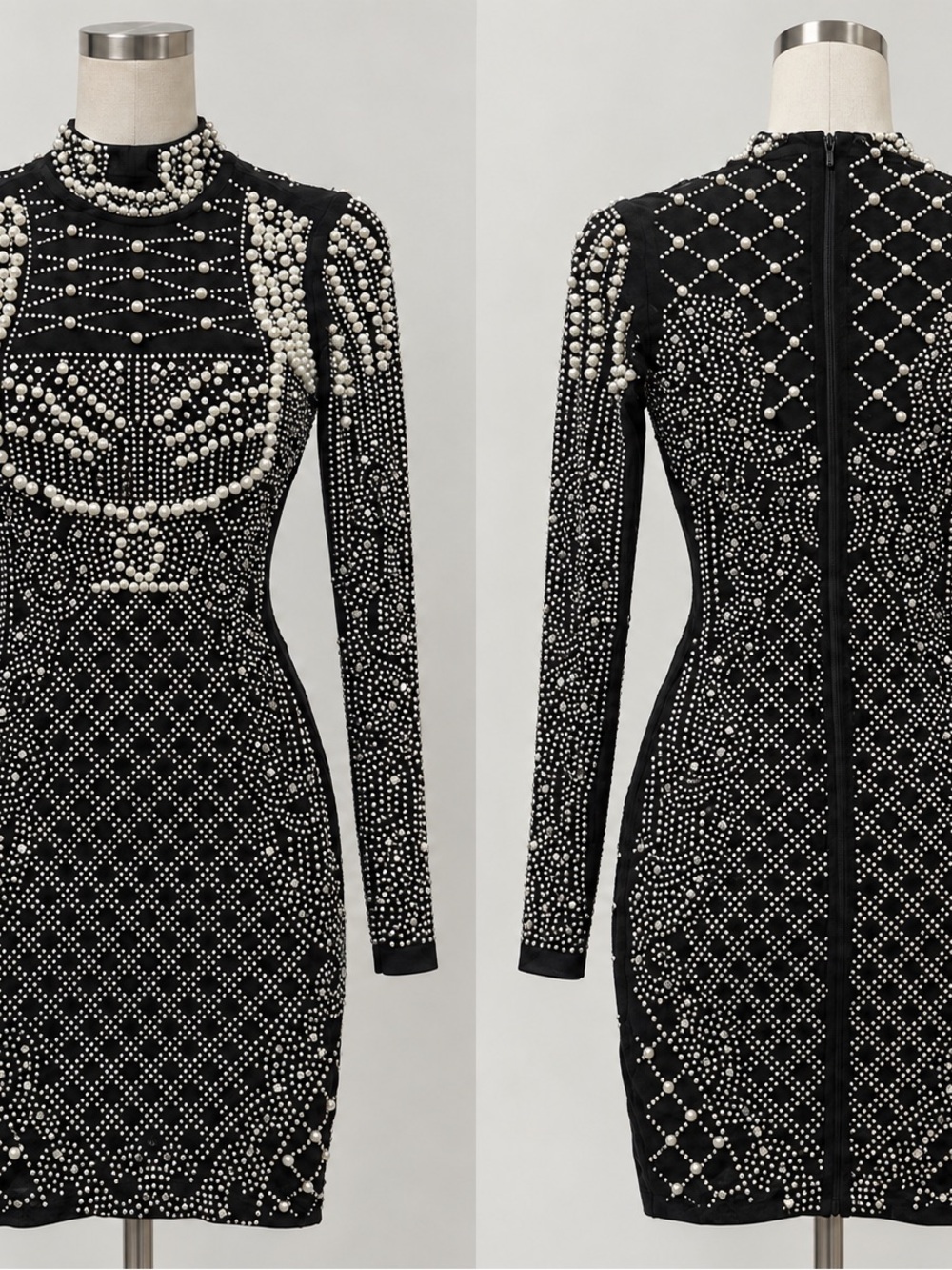 Fashion Nova Black Pearl-Embellished Mini Bodycon Dress